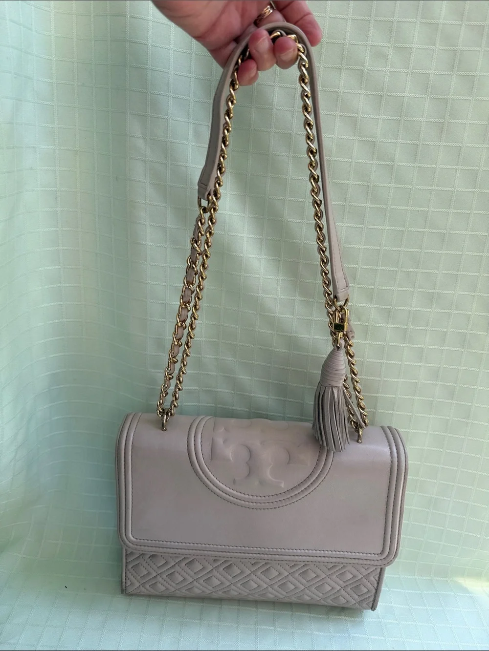 Tory Burch Taupe Leather Fleming Convertible Bag with Tassel and Gold Hardware